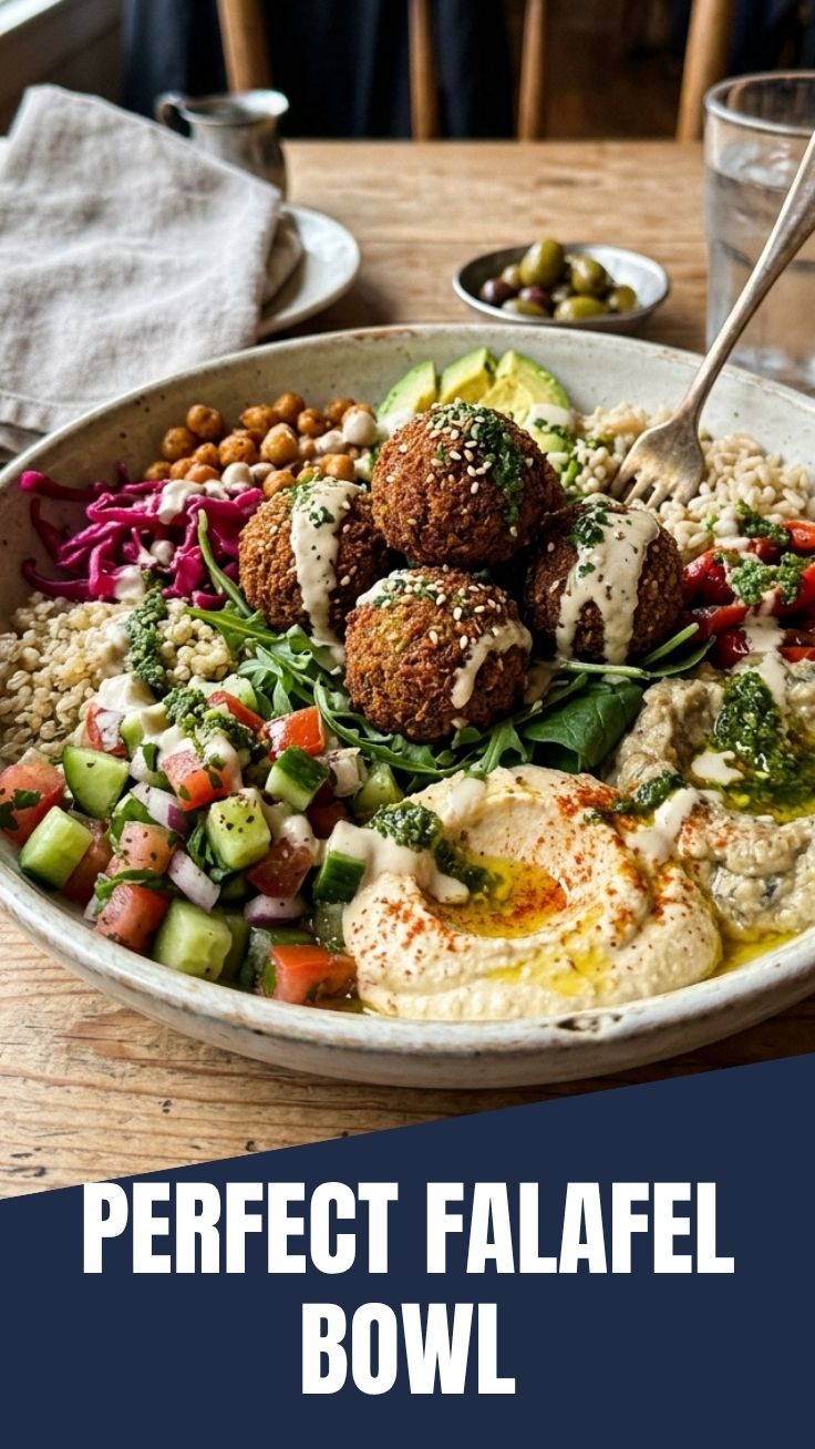 A vibrant falafel bowl filled with fresh ingredients