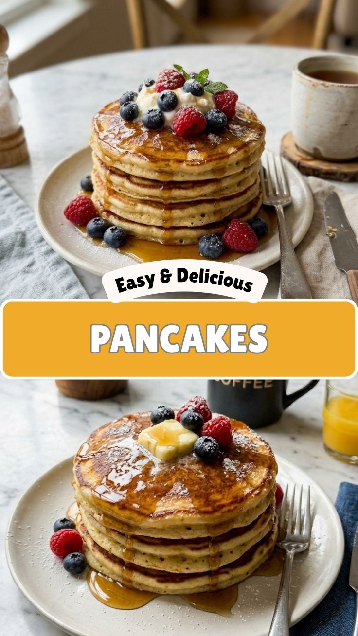 Stack of fluffy homemade pancakes drizzled with syrup