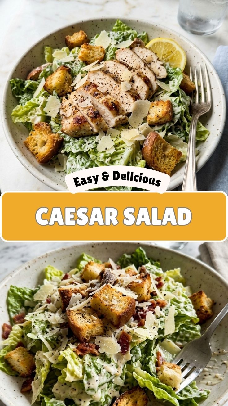 A vibrant Caesar salad with fresh romaine, croutons, and parmesan cheese