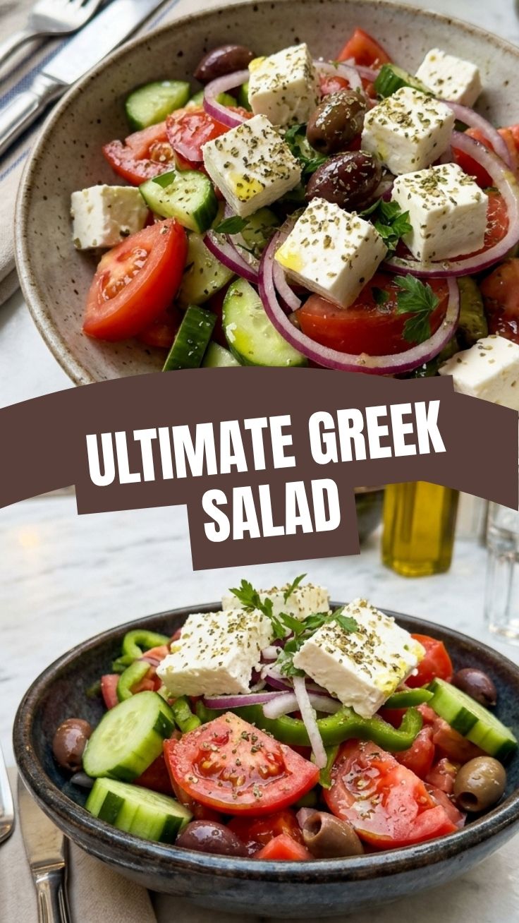 A bowl of fresh Greek salad with feta, olives, and crisp vegetables