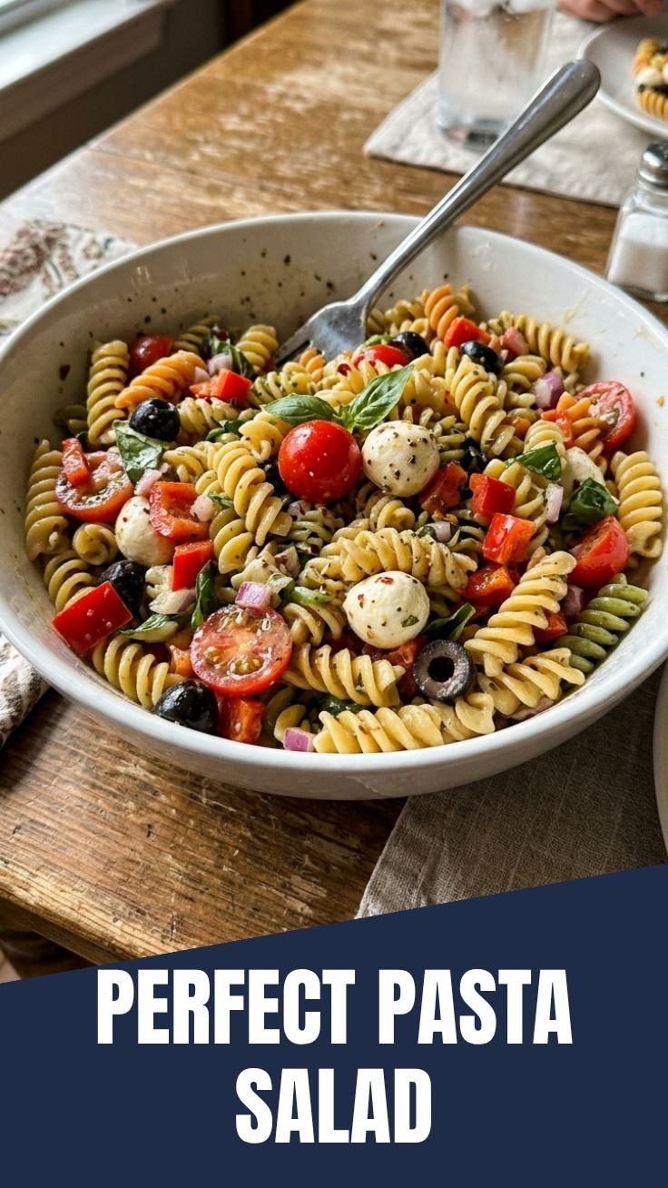 A vibrant bowl of fresh pasta salad with colorful vegetables.