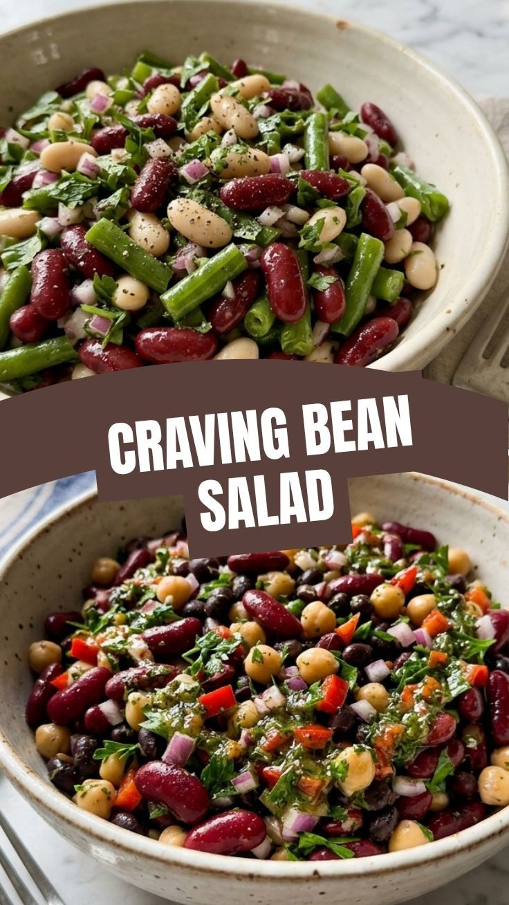 A vibrant bowl of fresh three bean salad with green beans, kidney beans, and garbanzo beans.