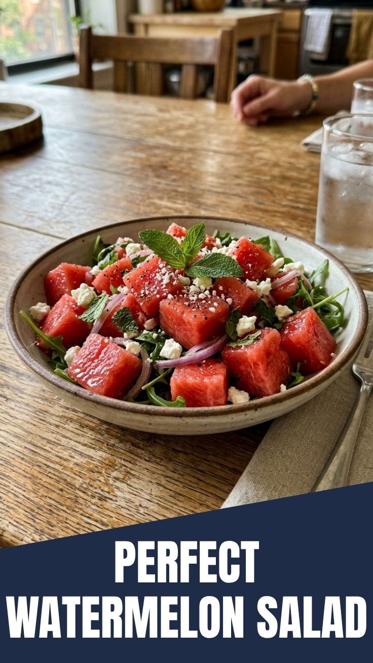 A bowl of refreshing watermelon salad with mint and feta