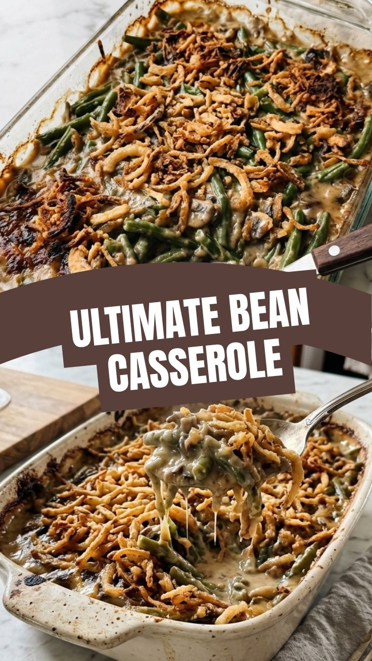 A classic green bean casserole in a white baking dish, ready to serve.