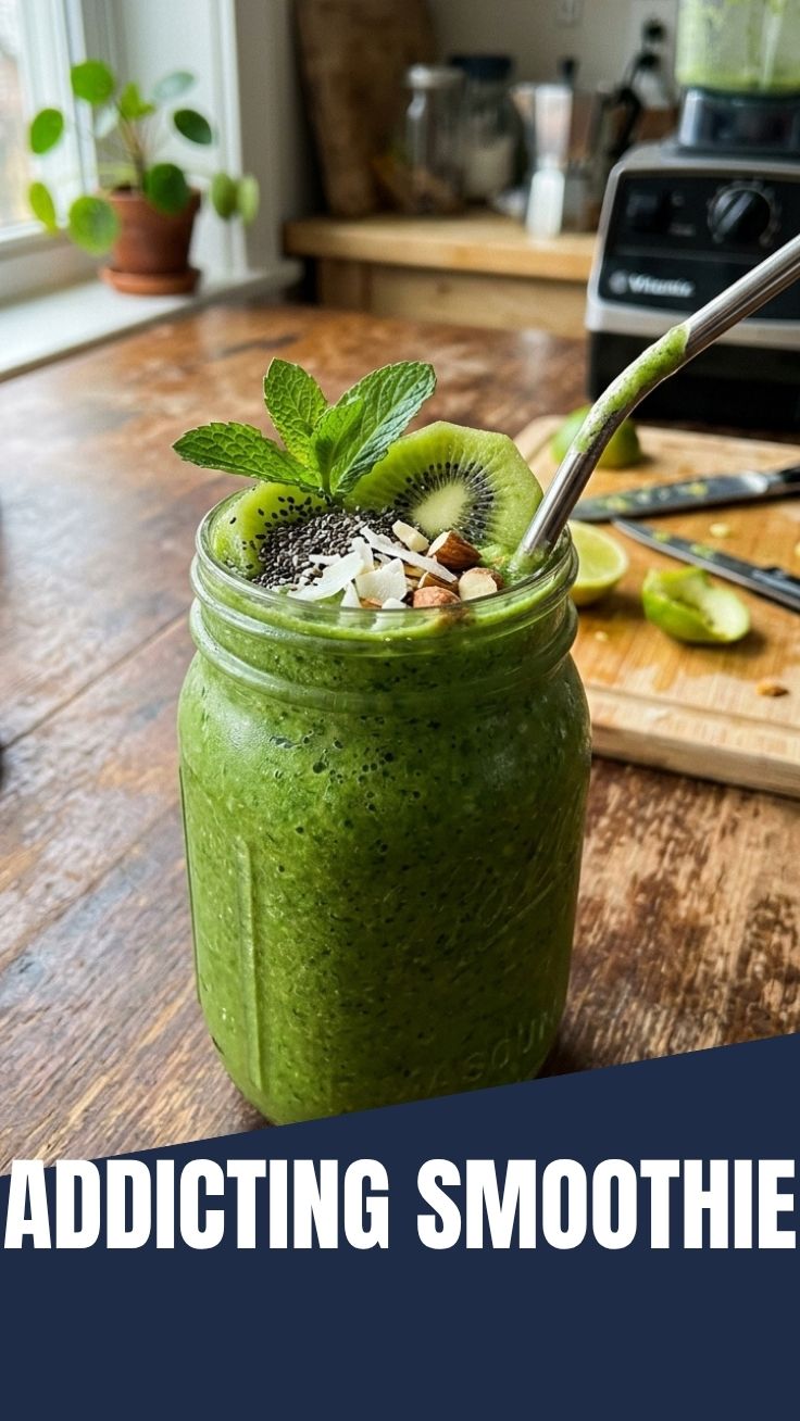 A vibrant green detox smoothie in a clear glass bottle, ready to drink.