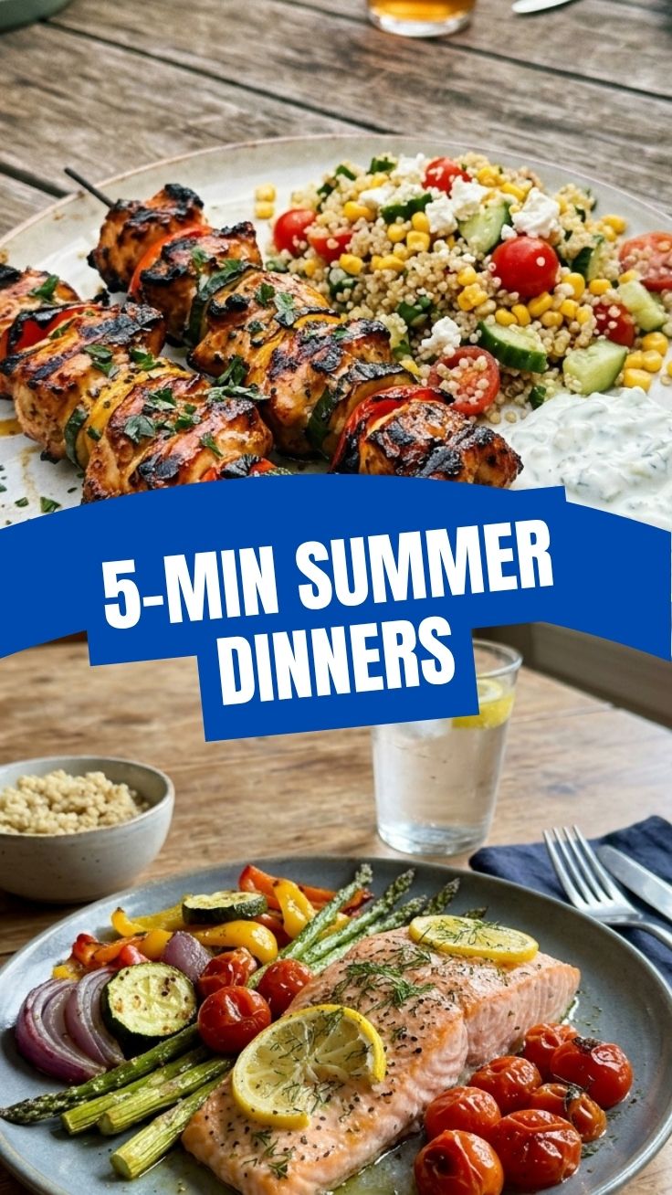A platter of healthy 30 minute summer dinners featuring grilled chicken and fresh vegetables.