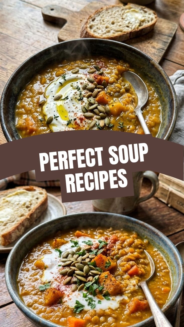 A steaming bowl of healthy fall soup, garnished with fresh herbs