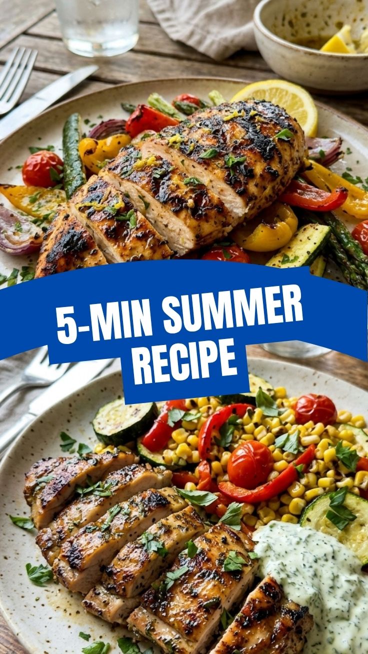 Healthy grilled chicken summer recipe with fresh herbs and vegetables.