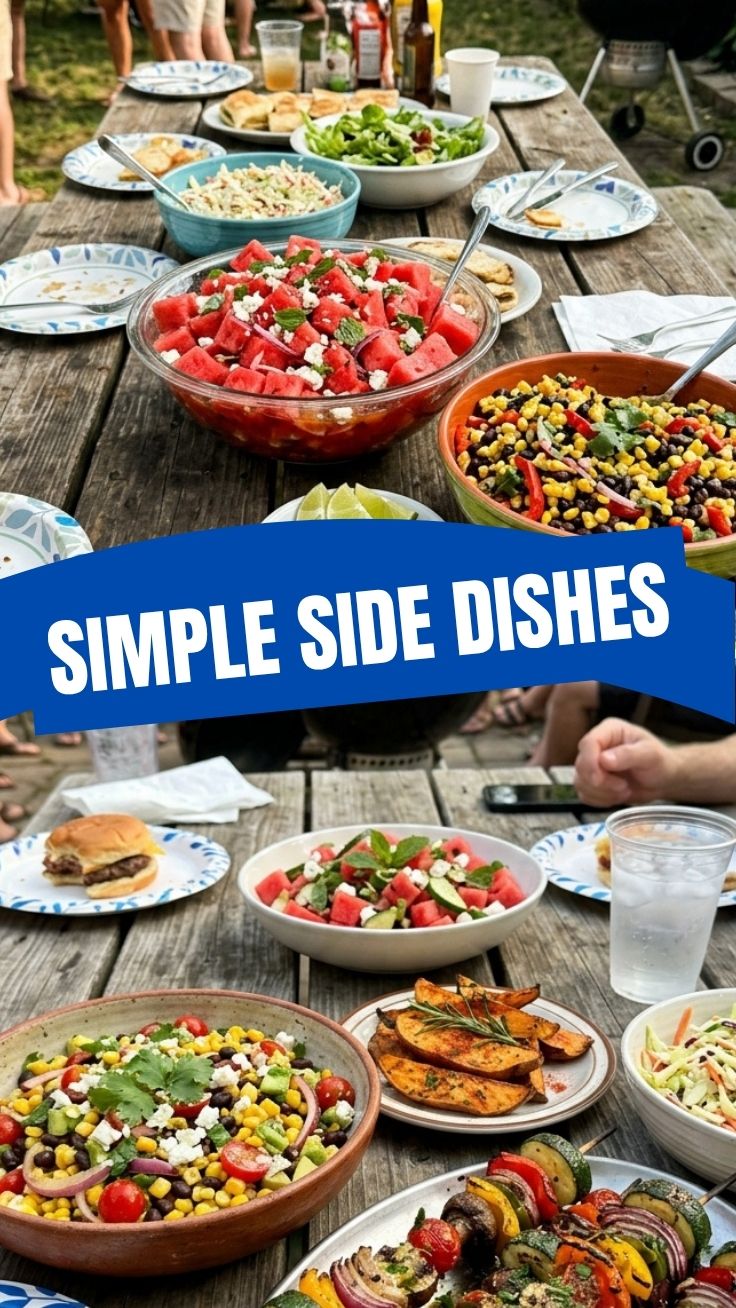 A colorful array of healthy summer BBQ side dishes arranged on a picnic table.