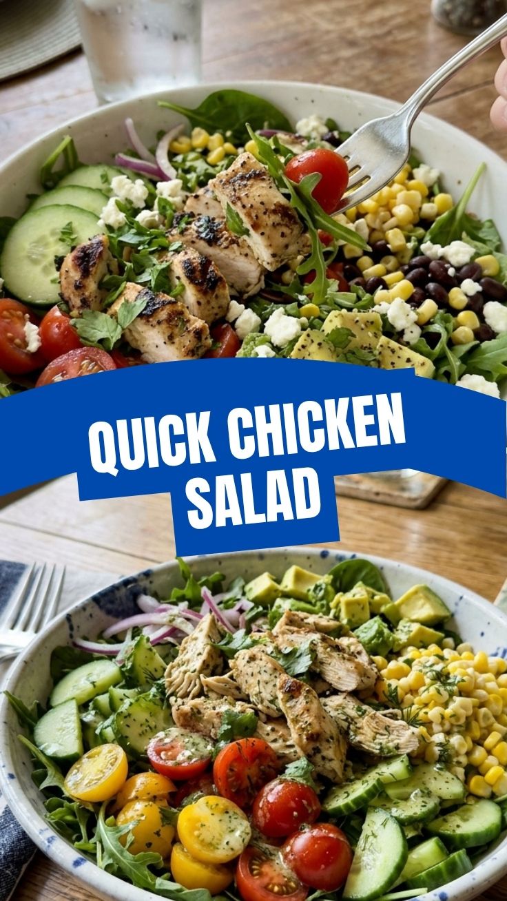 A vibrant healthy summer chicken salad in a large bowl, ready to serve