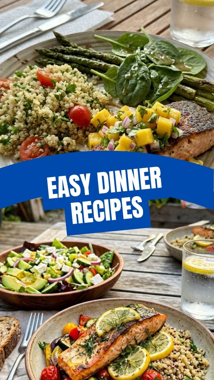 Collection of healthy summer dinner recipes laid out on a table