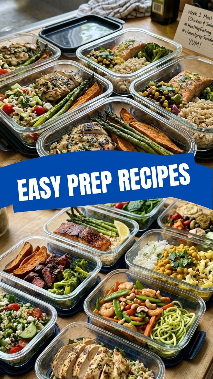 A vibrant array of healthy summer meal prep recipes arranged in individual containers.