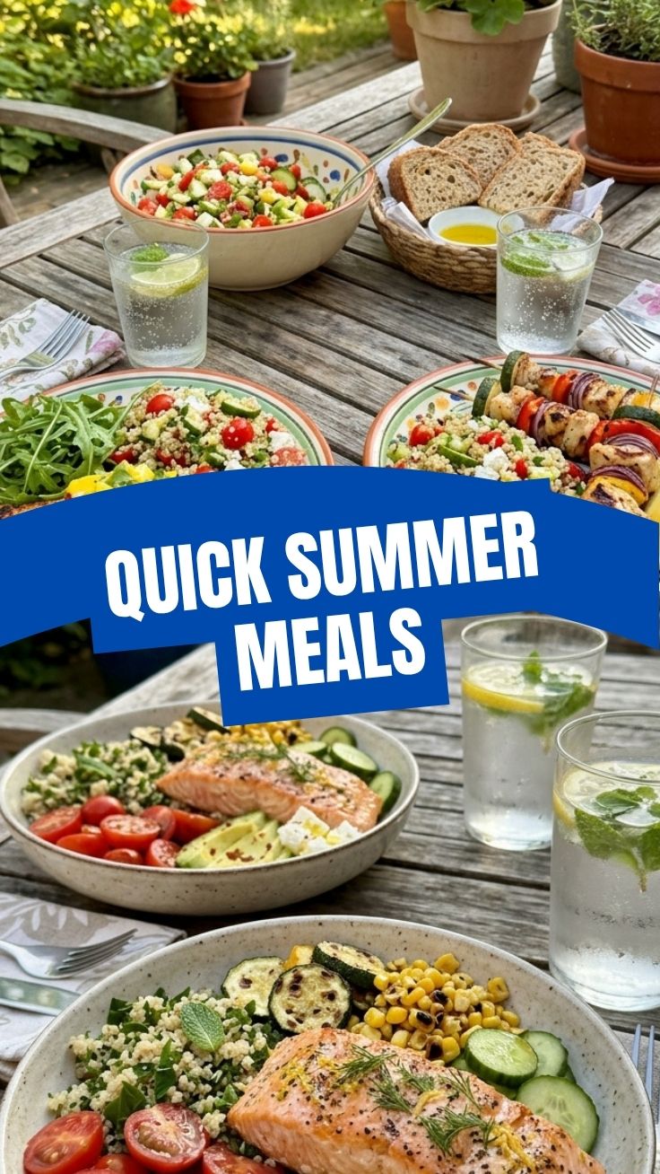 A table set with healthy summer meals for two, featuring fresh produce.