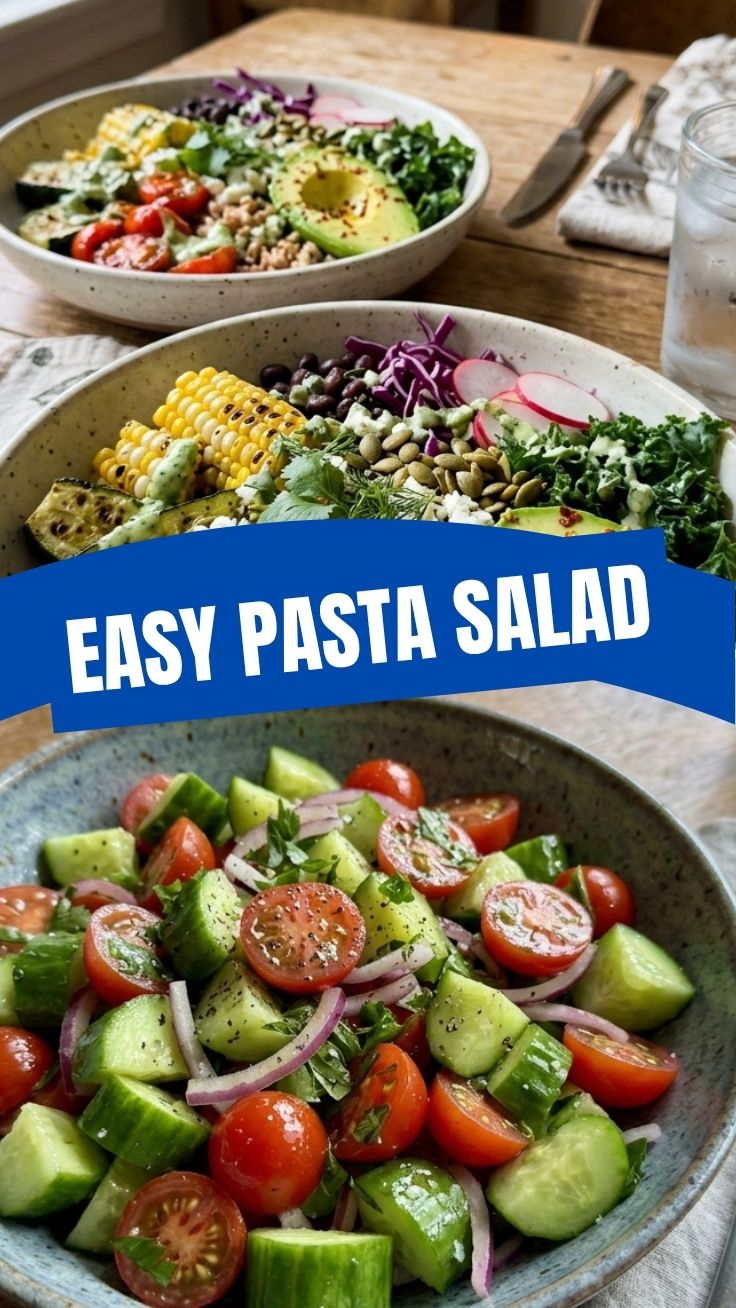 A vibrant bowl of healthy summer pasta salad with fresh vegetables and herbs
