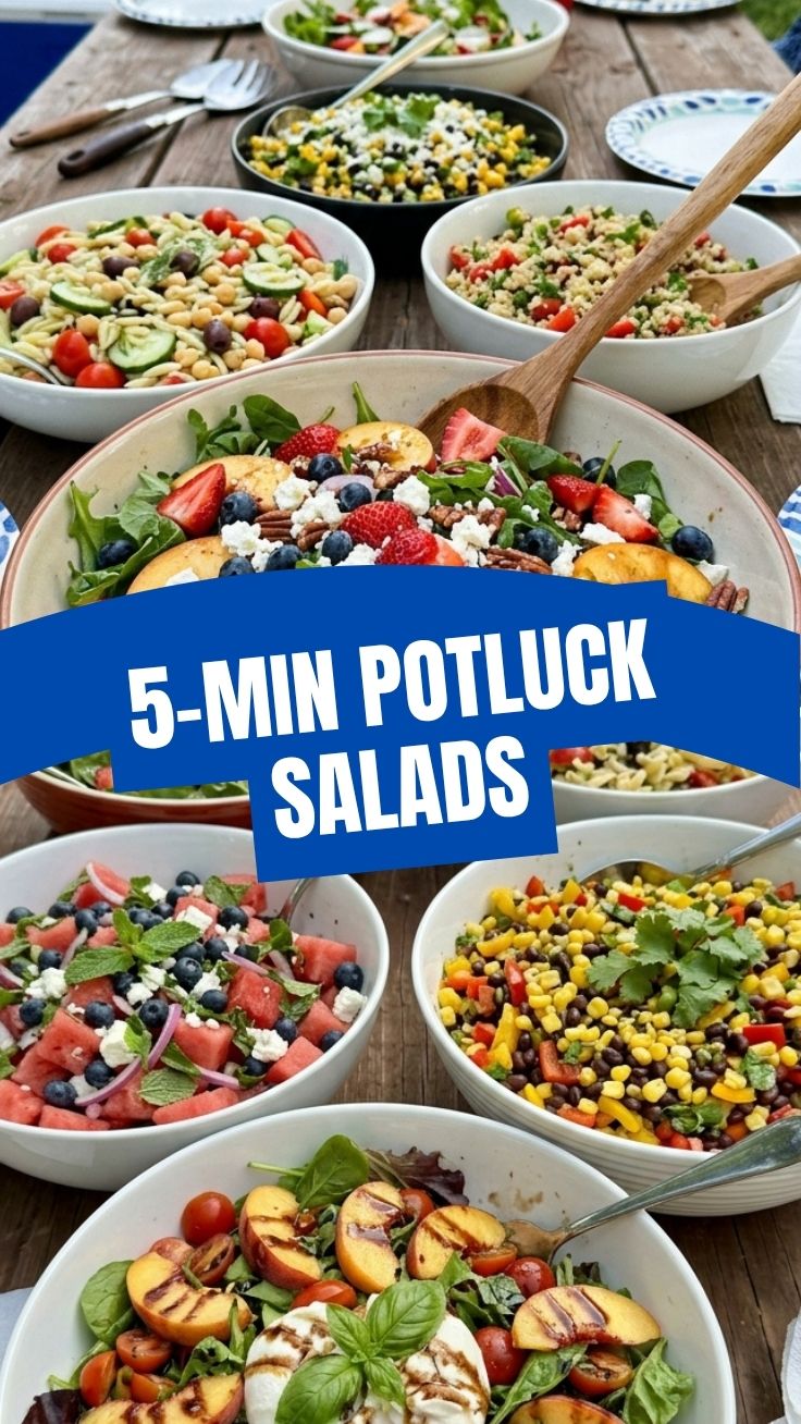 An array of colorful healthy summer potluck salads arranged on a picnic blanket.