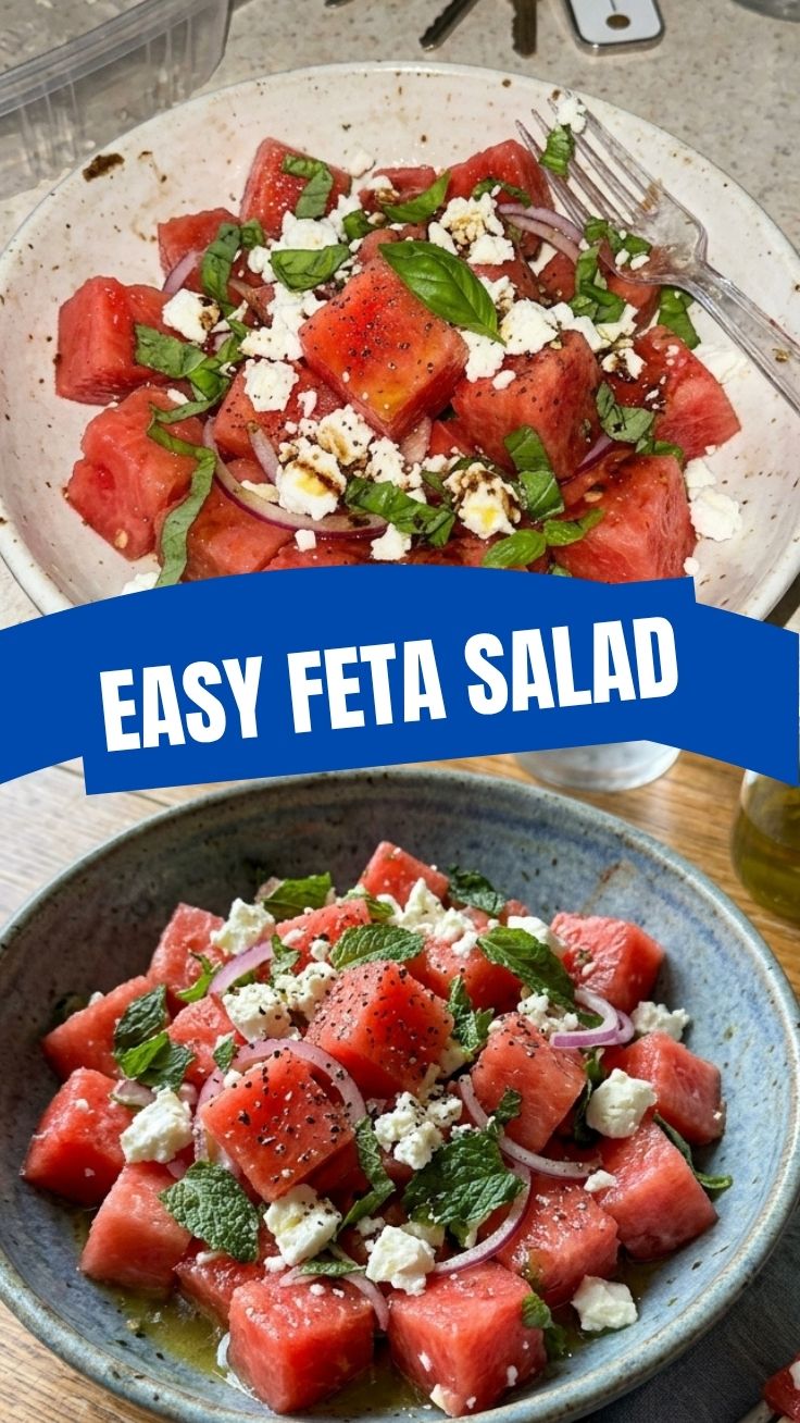 A refreshing healthy watermelon feta salad with mint leaves