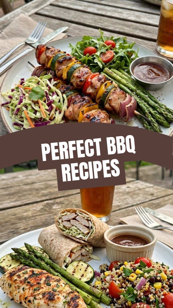 A colorful platter of healthy weight loss BBQ recipes with grilled chicken and vegetables