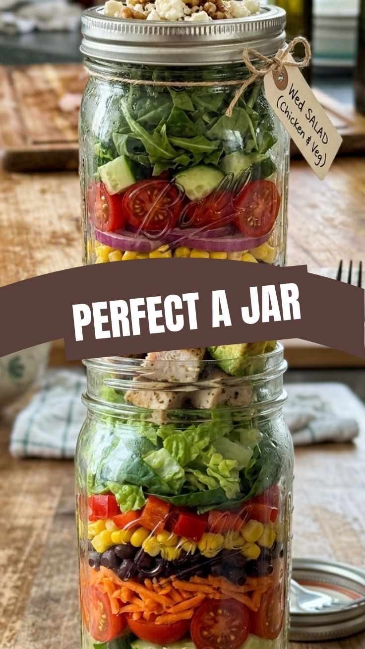 A healthy weight loss salad in a jar, layered with fresh vegetables and dressing