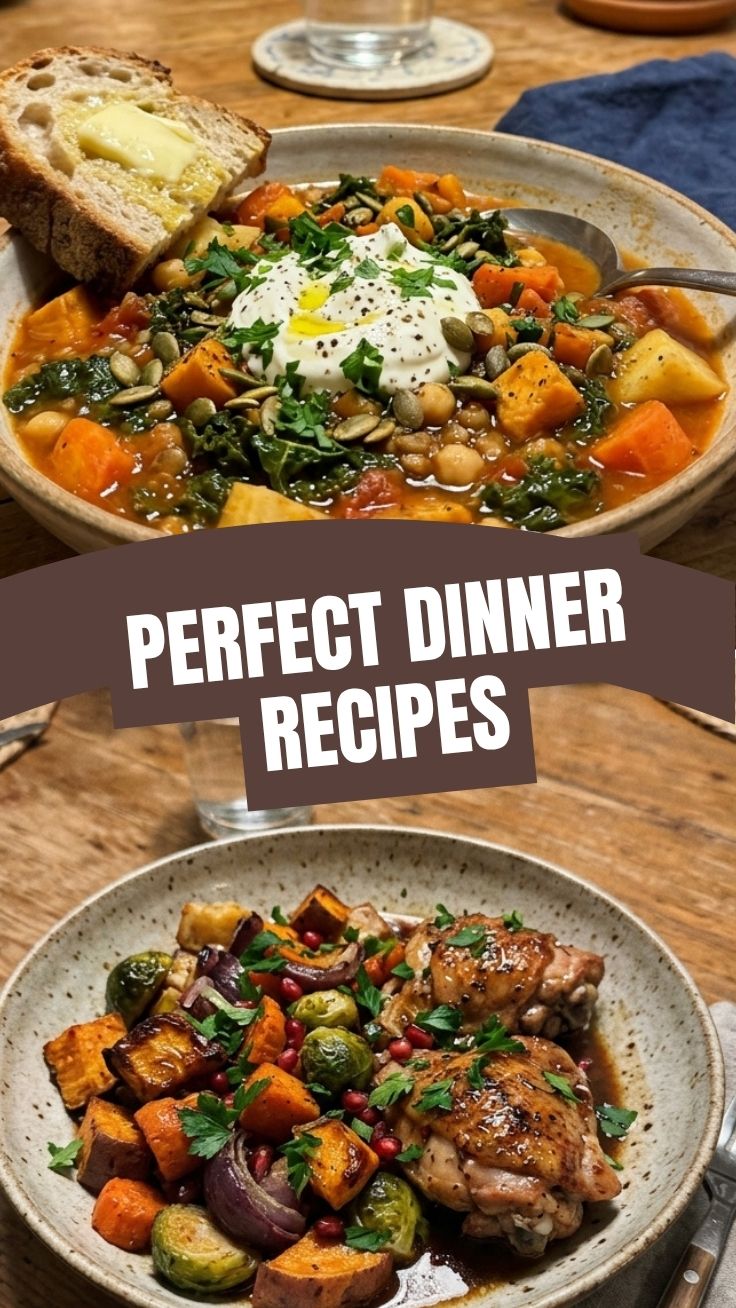 A steaming bowl of healthy winter dinner recipes, possibly a stew or soup, on a wooden table.