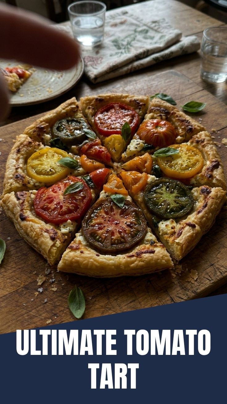 A vibrant heirloom tomato tart with a flaky crust