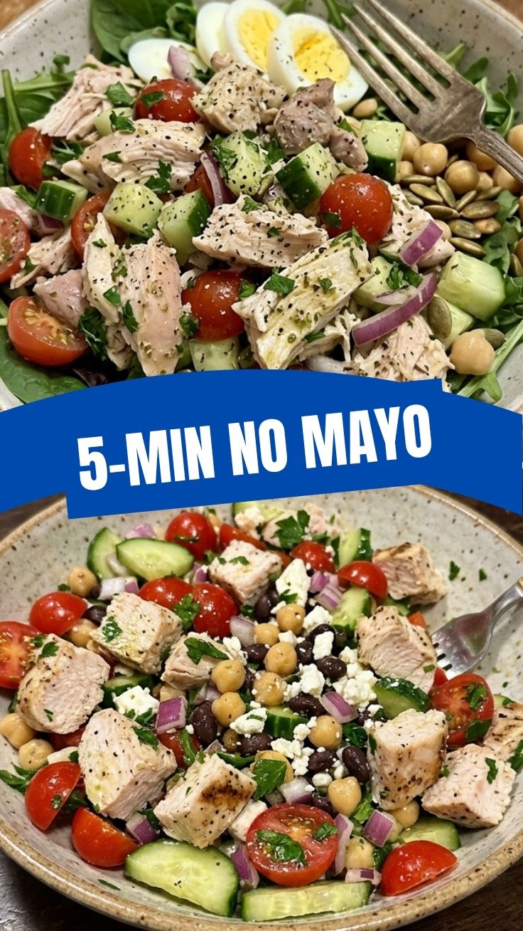 A serving of high protein chicken salad made without mayonnaise, garnished with fresh herbs.