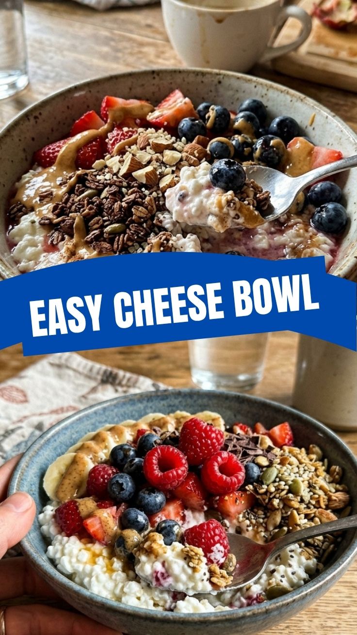 A colorful high protein cottage cheese bowl topped with fresh fruit and nuts for a healthy breakfast.