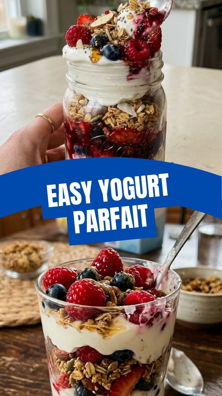 A vibrant high protein Greek yogurt parfait layered with berries and granola.