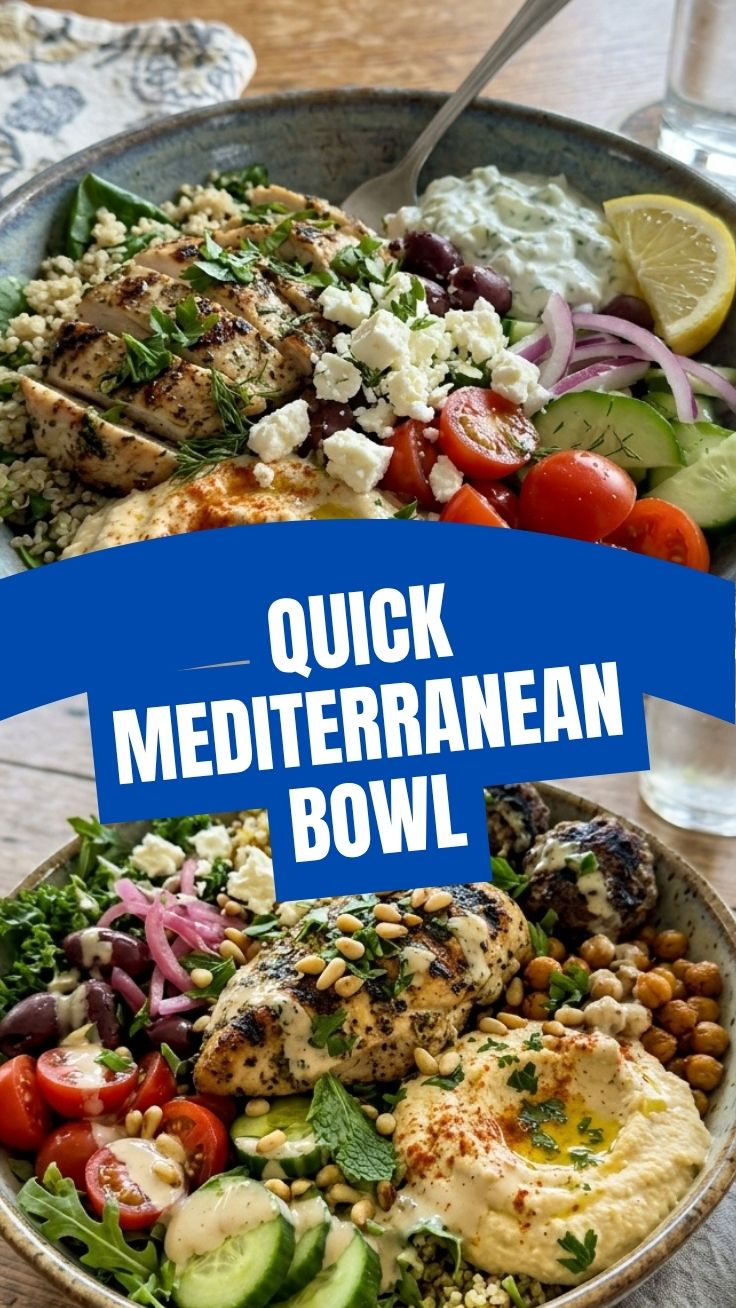 A vibrant high protein Mediterranean bowl filled with fresh ingredients