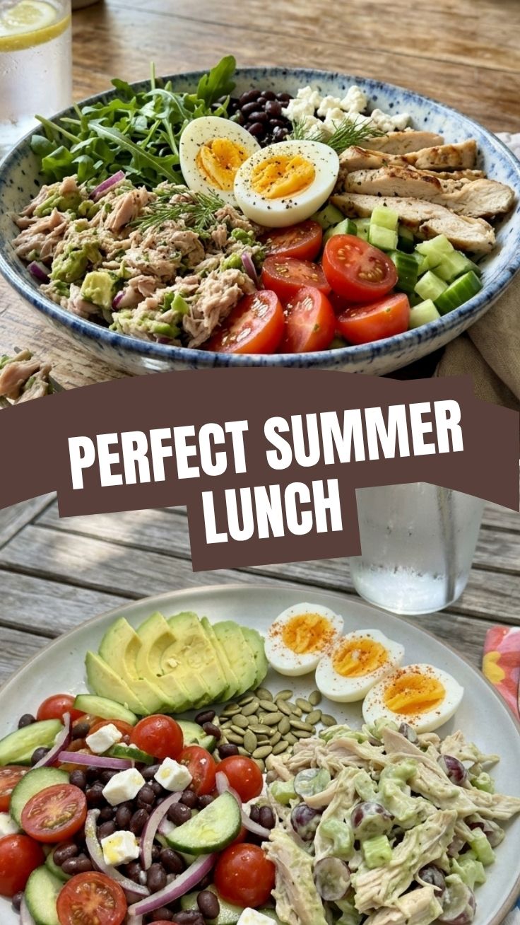 A refreshing high protein no cook summer lunch platter with colorful ingredients.
