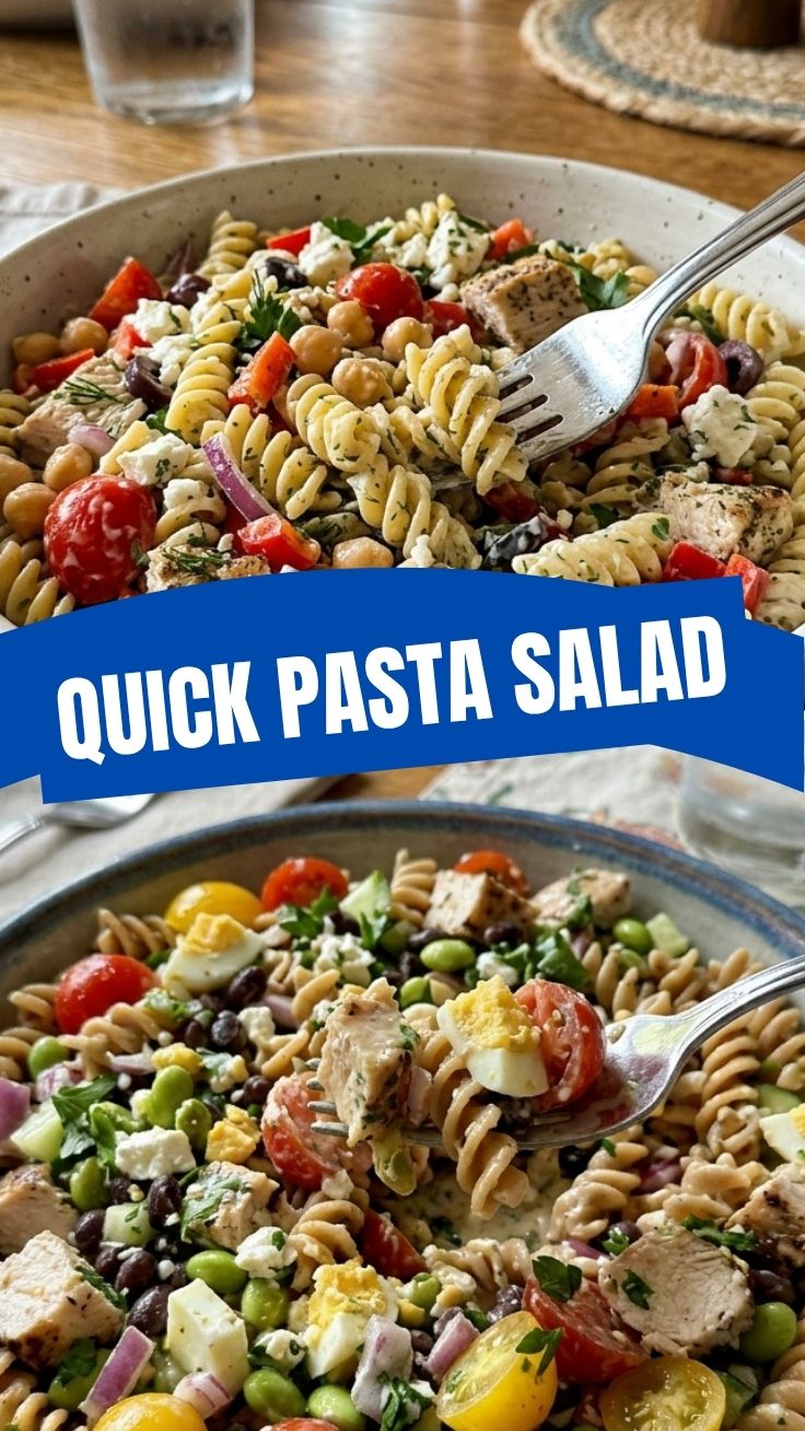 A vibrant high protein pasta salad in a bowl, ready to serve