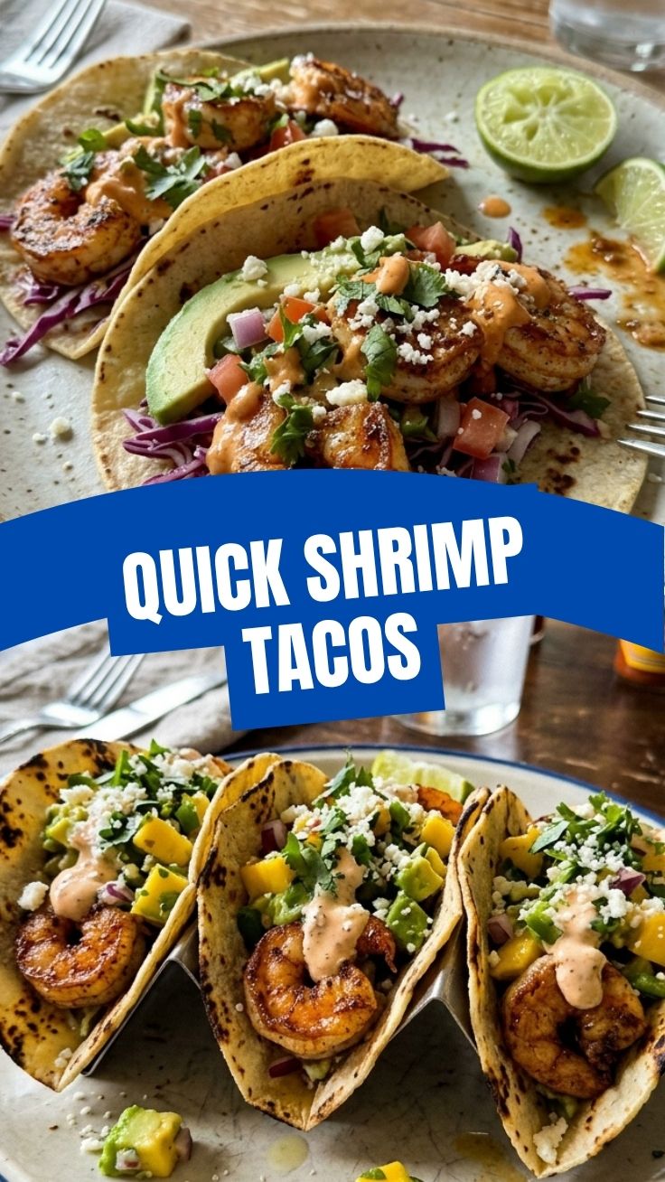 A close-up of high protein shrimp tacos with fresh cilantro and lime wedges.
