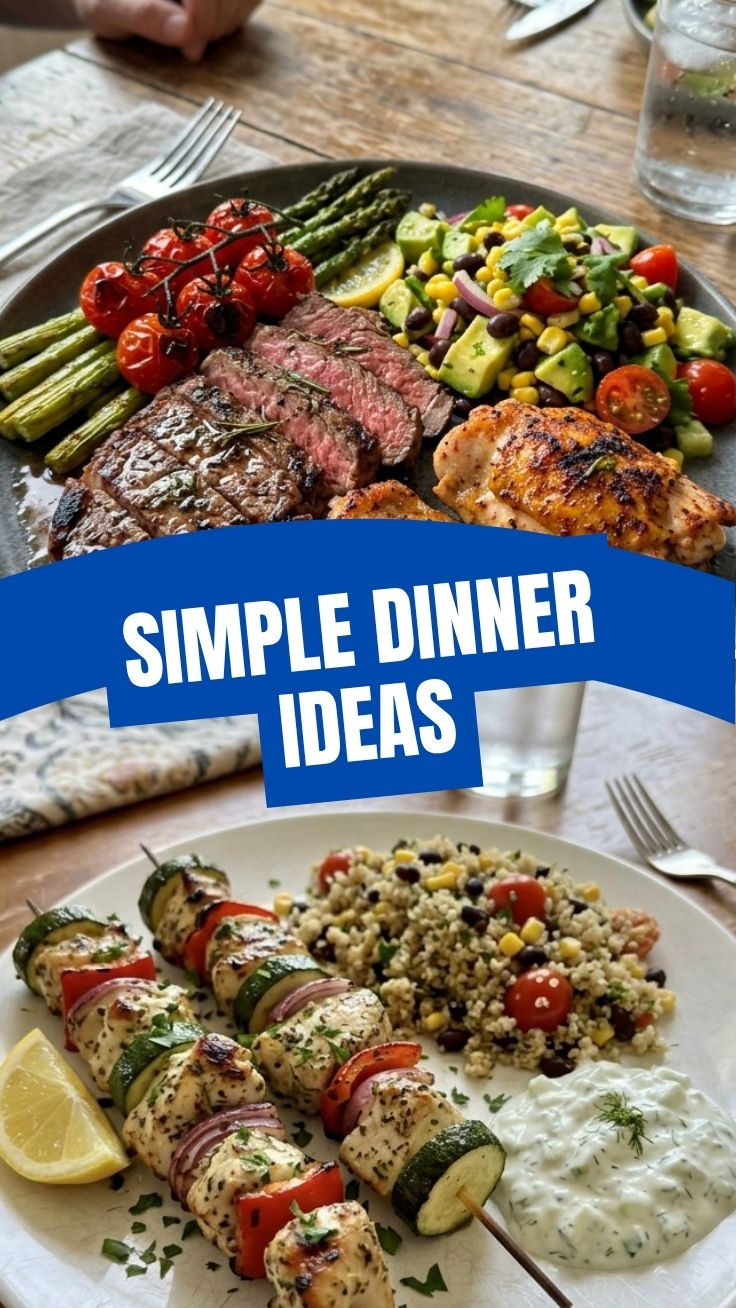 A colorful high protein summer dinner spread featuring grilled chicken and fresh salad