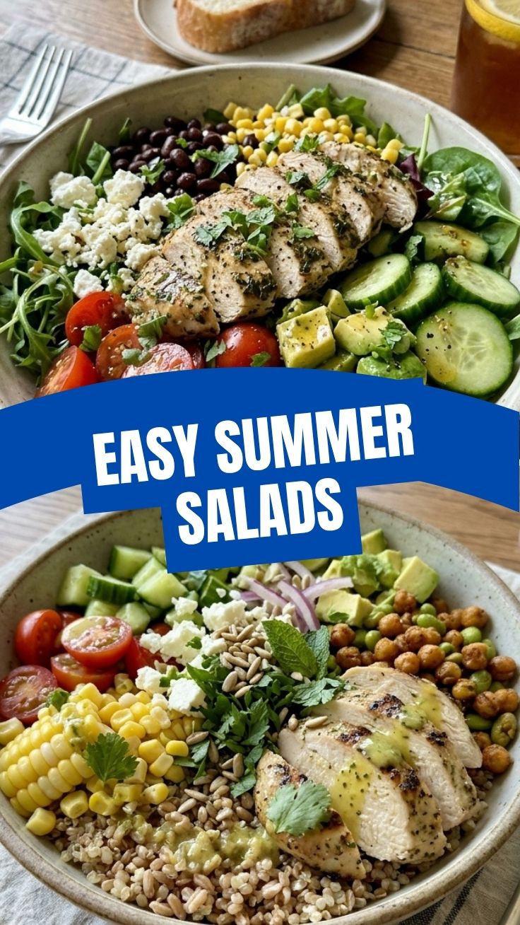 A healthy high protein summer salad with grilled chicken and mixed greens