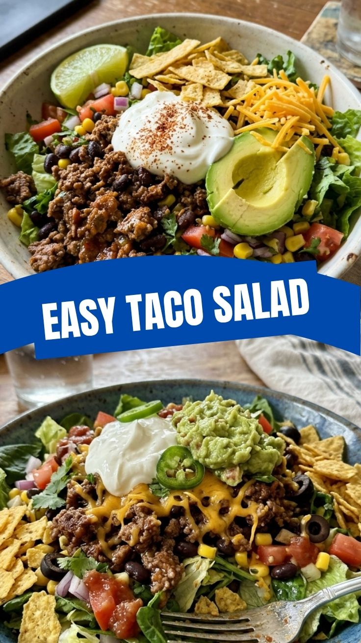 A vibrant high protein taco salad with various fresh ingredients in a bowl.