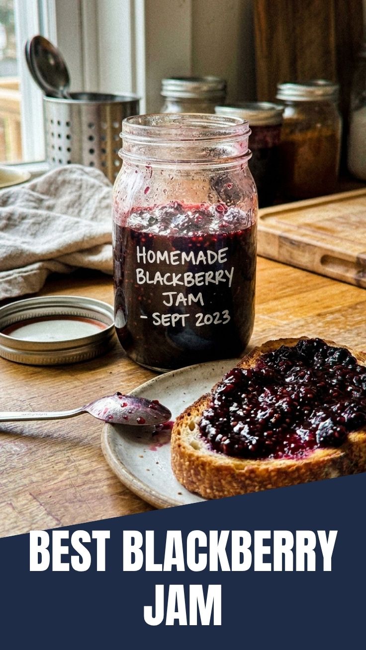 A jar of homemade blackberry jam with fresh blackberries on a wooden surface.