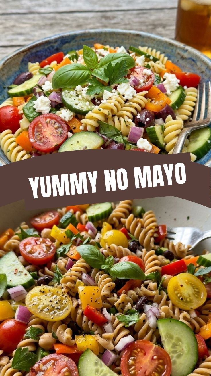 A vibrant low calorie summer pasta salad without mayo in a large bowl