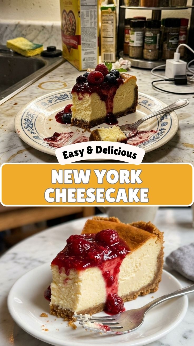 A creamy, traditional New York Cheesecake on a white plate.