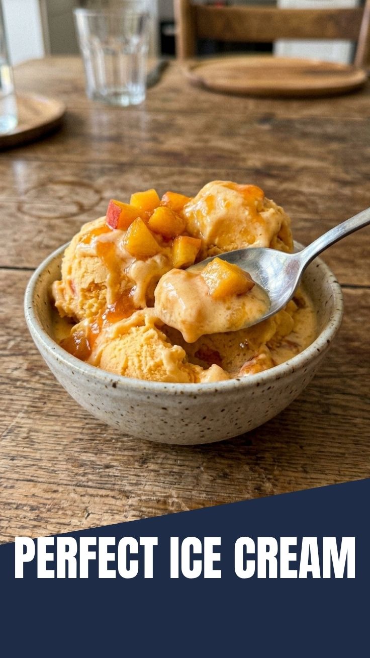 A scoop of delicious peach ice cream in a white bowl