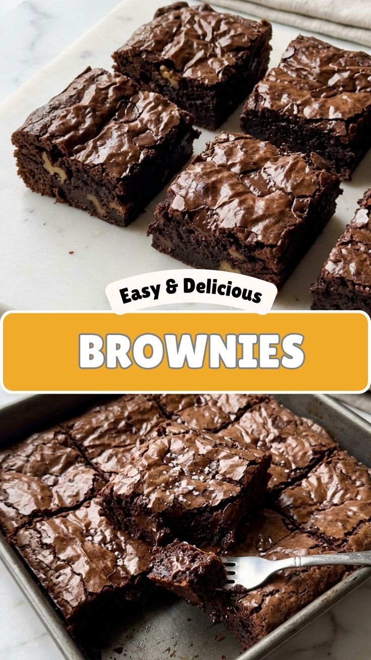 A close-up shot of rich, fudgy brownies with a crinkly top