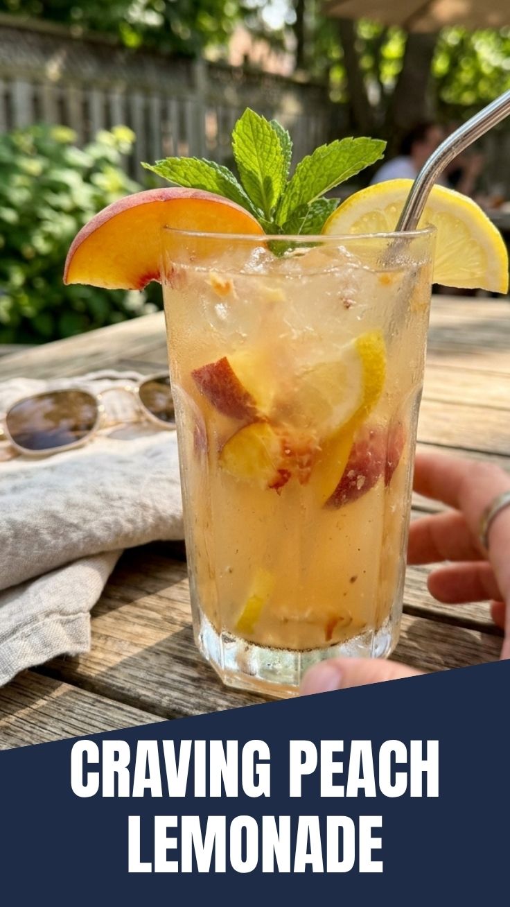 A glass of refreshing peach lemonade with ice and peach slices