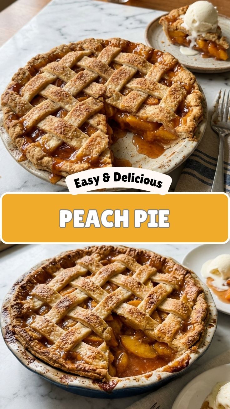 A freshly baked peach pie with a golden, flaky crust on a cooling rack.