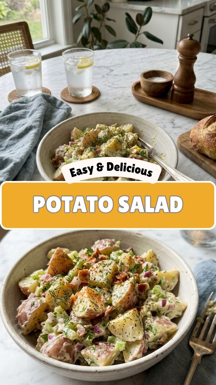 A bowl of creamy homemade potato salad with fresh herbs.