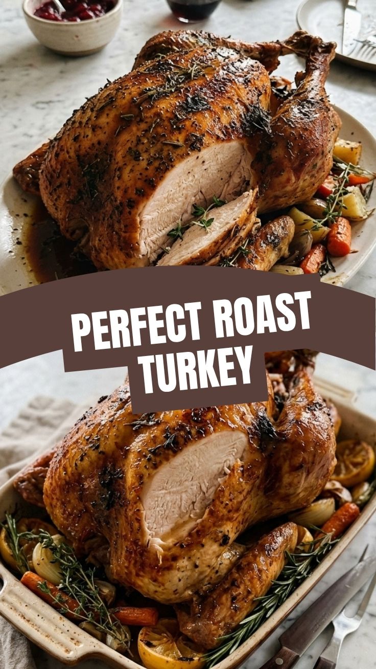 A perfectly cooked, golden brown roast turkey presented on a platter.