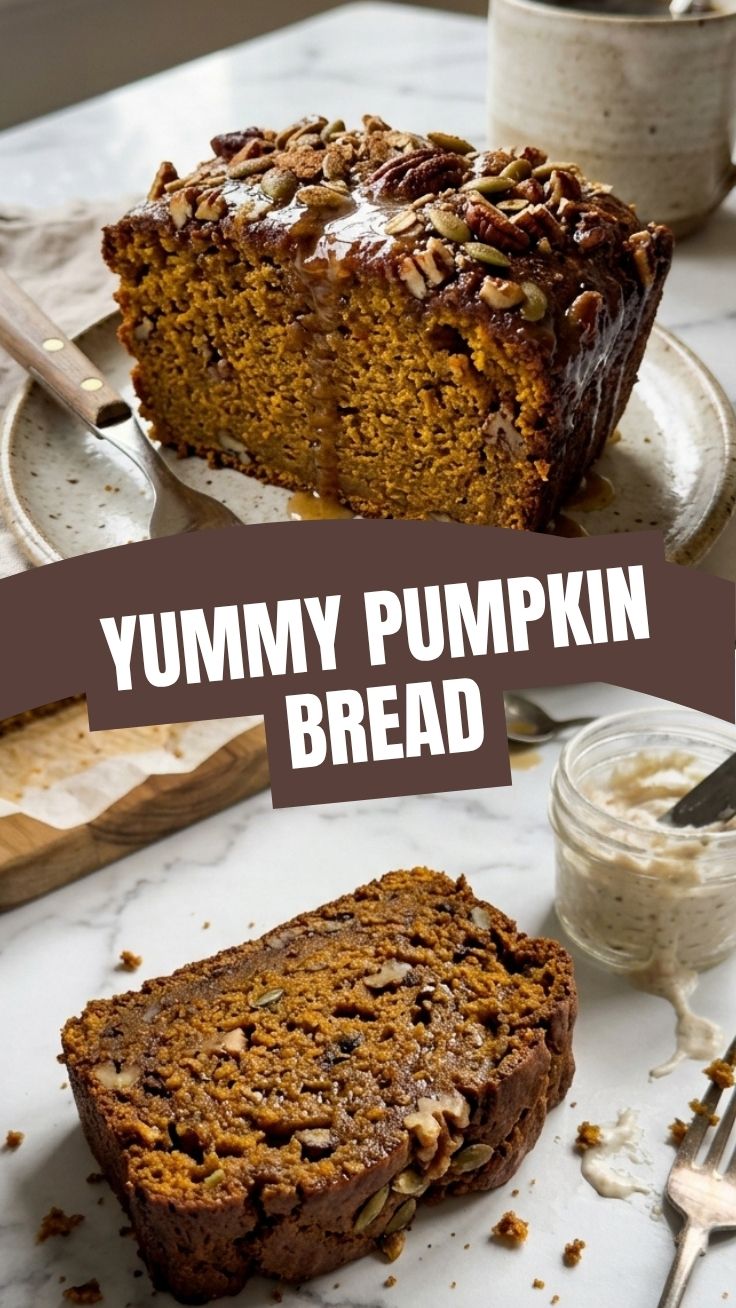 A freshly baked loaf of pumpkin bread on a wooden surface.