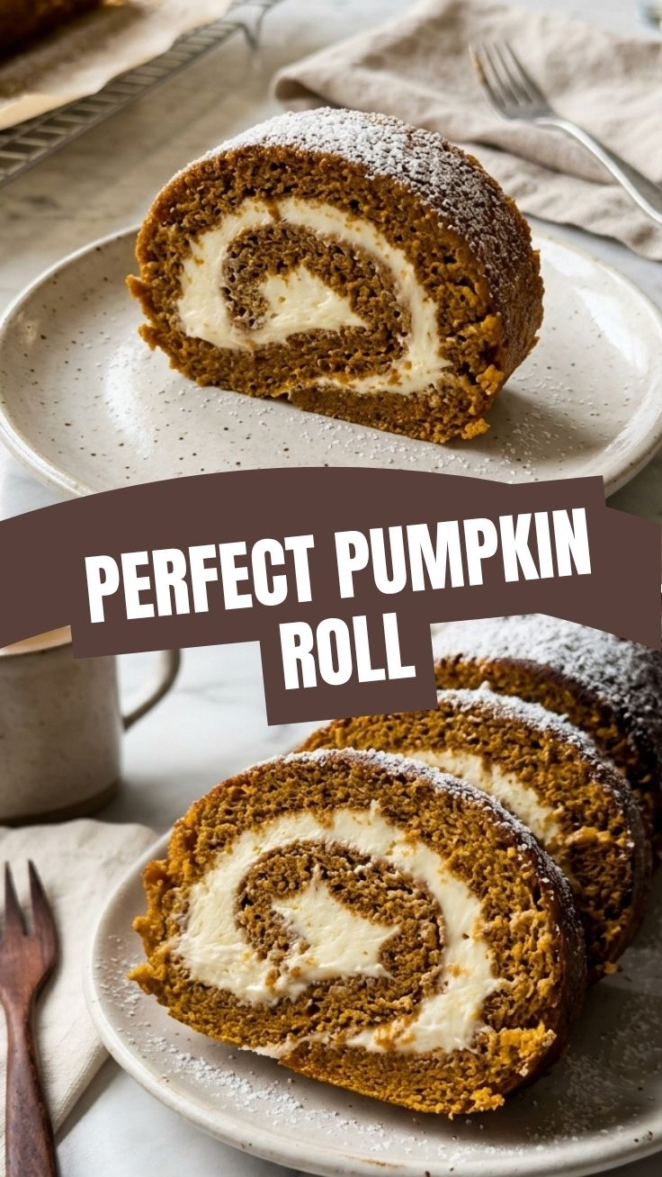 A freshly baked pumpkin roll with cream cheese frosting, dusted with powdered sugar