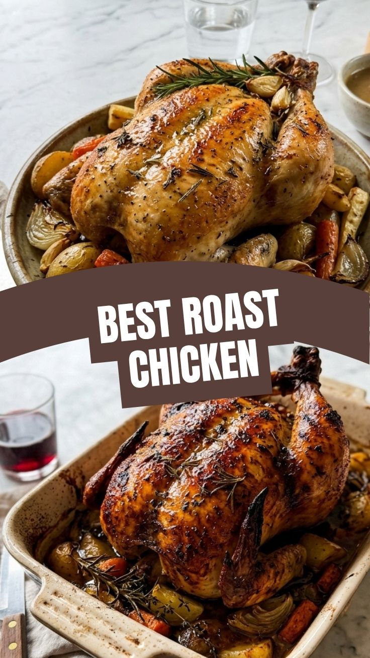 A perfectly cooked roast chicken, golden brown and crispy.