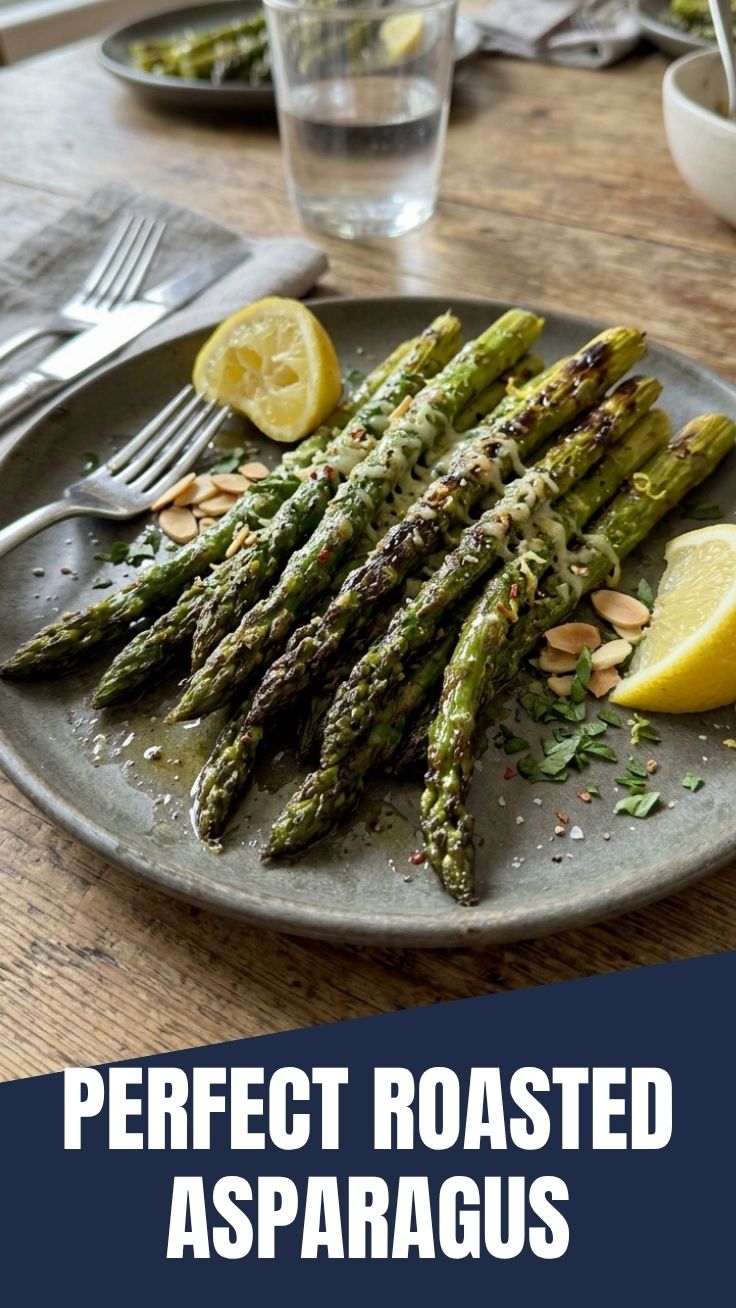 Freshly roasted asparagus spears on a serving dish