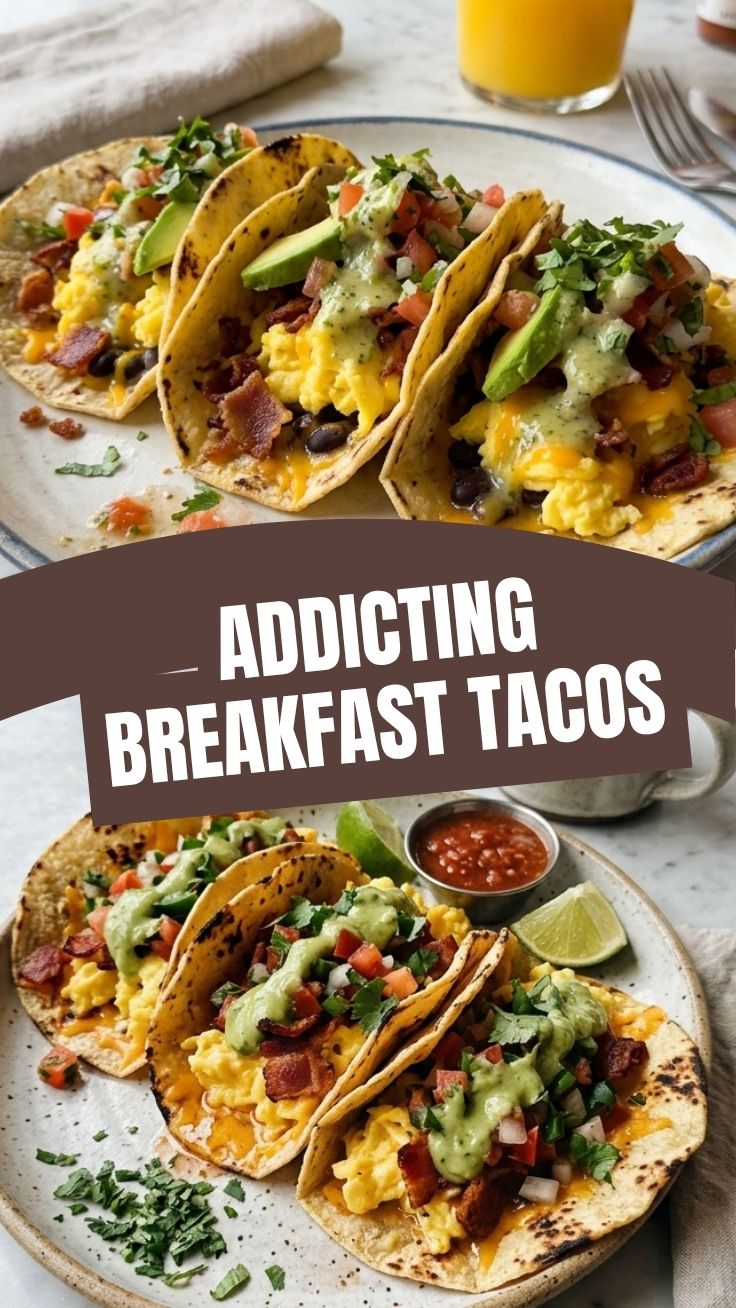 Close-up photo of delicious breakfast tacos with eggs, cheese, and salsa