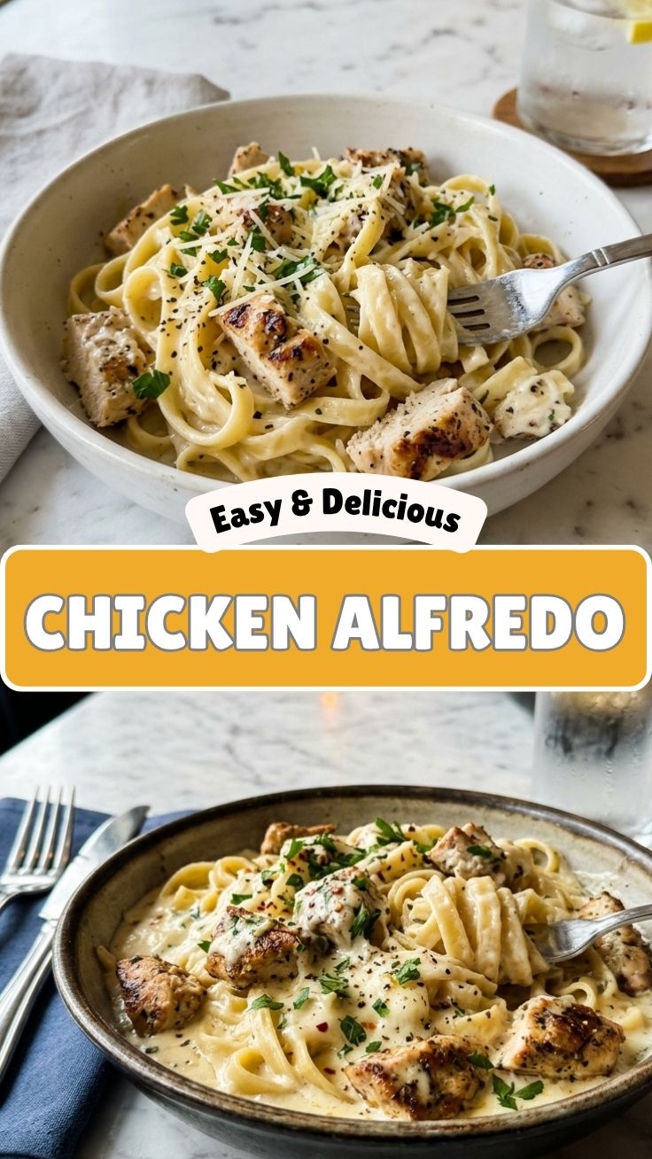 A serving of savory chicken alfredo with tender chicken and fettuccine pasta