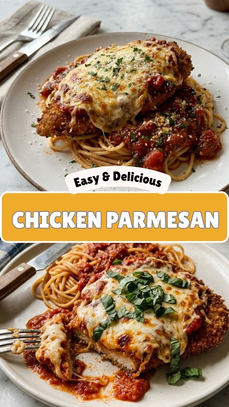 A plate showcasing a savory chicken parmesan dish with melted cheese and marinara sauce.